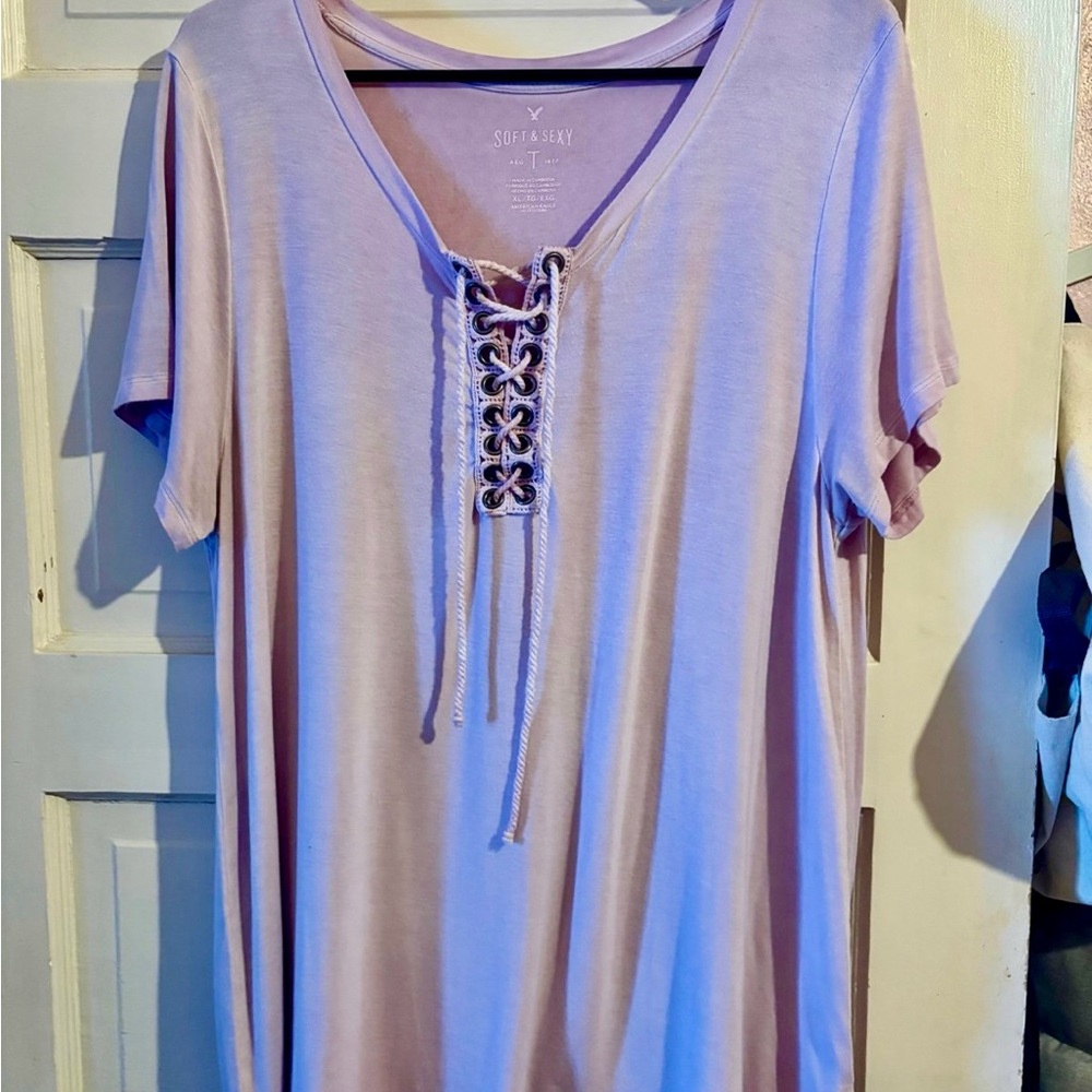 American Eagle Outfitters Purple Tie Front Short Sleeve Tee